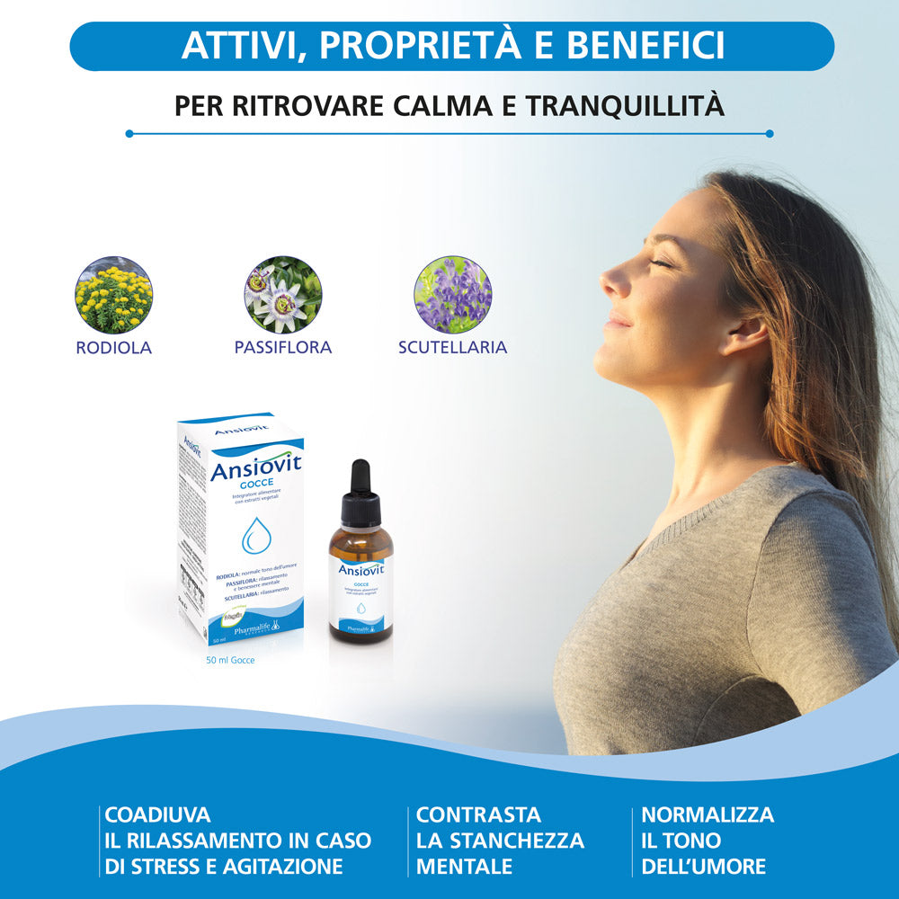 INTEGRATORI
CALMANTI
Ansiovit gocce
Rilassamento e benessere mentale.
Flacone 50 ml