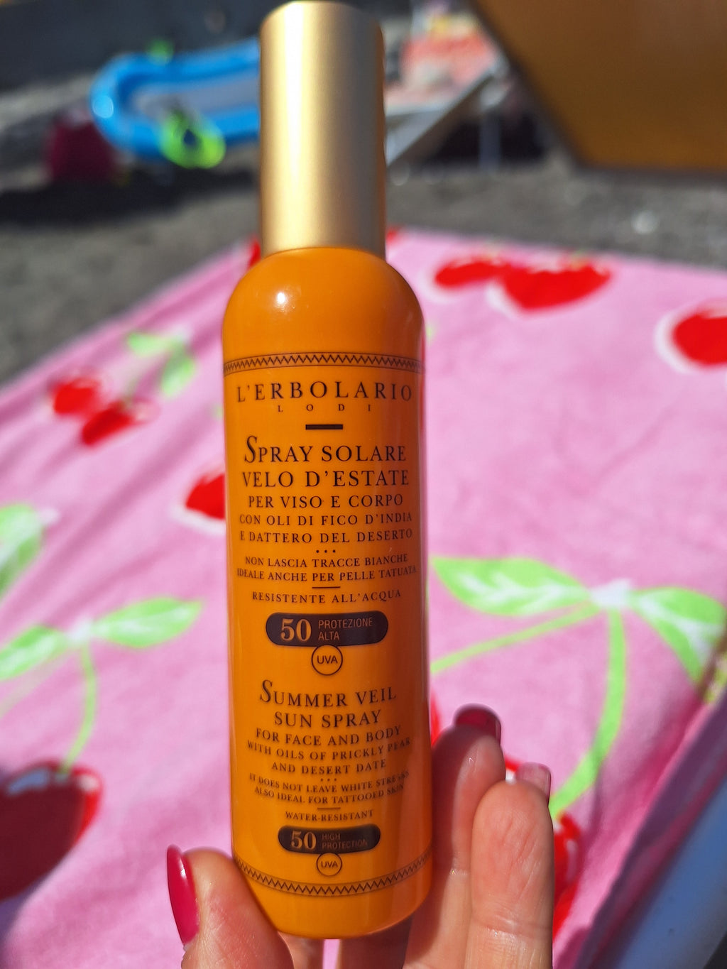 Spray Solare Velo d'Estate SPF 50 Protezione alta per viso e corpo. Con oli di Fico d'India e Dattero del Deserto