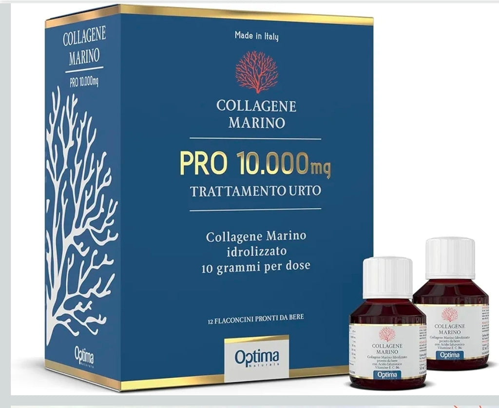 Collagene Marino Pro 10.000 Mg - Trattamento Urto - 10 g di collagene per dose - con acido ialuronico e vitamine E, C e B6-12 flaconcini pronti da bere da 50ml Optima Naturals